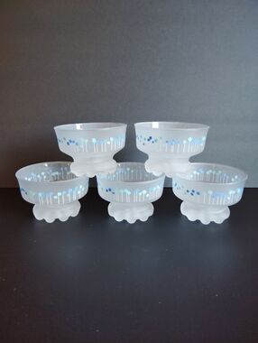 Dessert Bowls Frosted Glass ~ Hand Painted Dotted Design ~ Set of 5